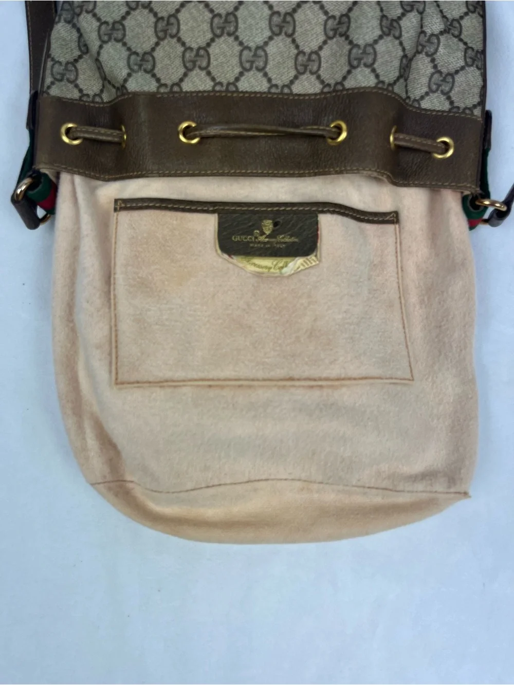 GUCCI Sherry Line Drawstring Shoulder Bag & Dustbag GG Brown Monogram VTG Italy - Picture 10 of 16